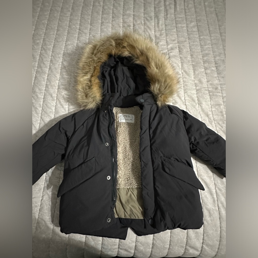 Kids Black Winter Jacket with Faux Fur Hood